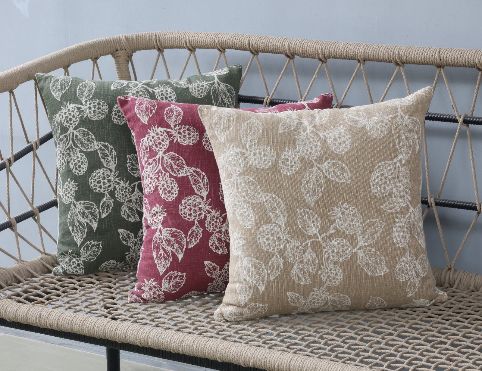 Reversible Printed and woven abby stripe berry cushion