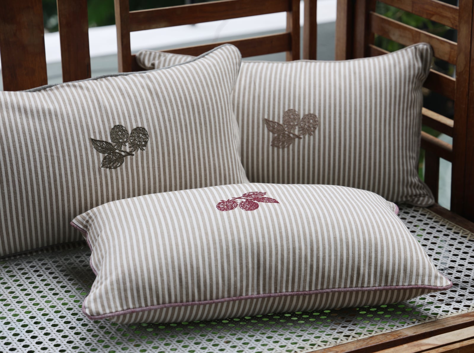 reversible Abby striped Berry Embroidered cushion