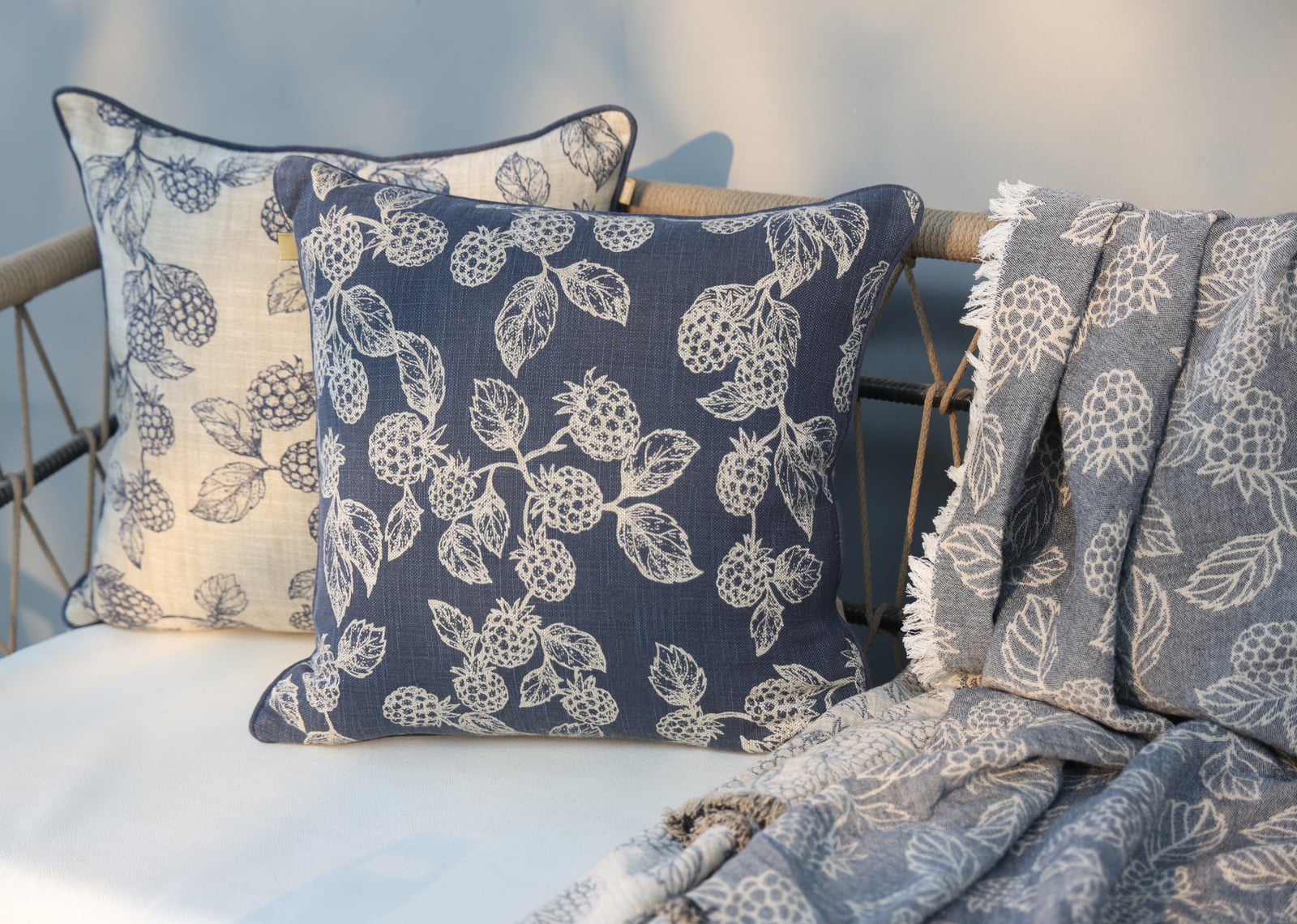 Berry Printed Textured Reversible Cushion - Blue