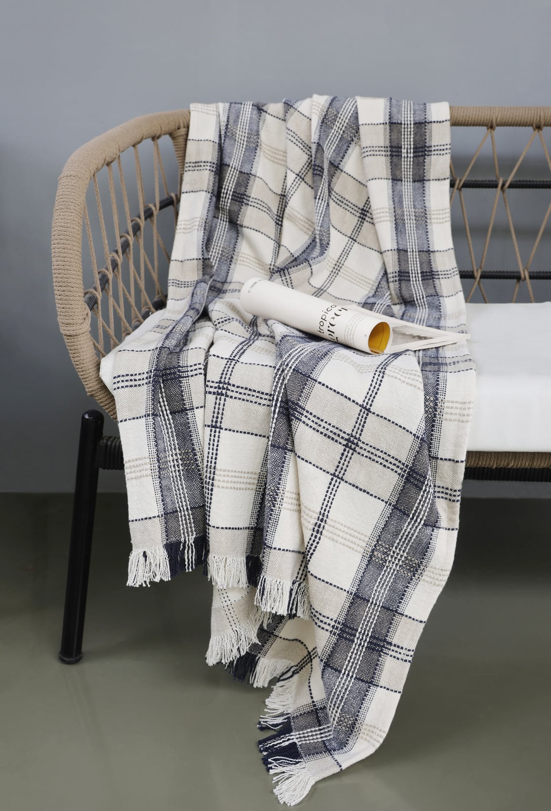Berry Reversible Tartan Textured Throw - Blue