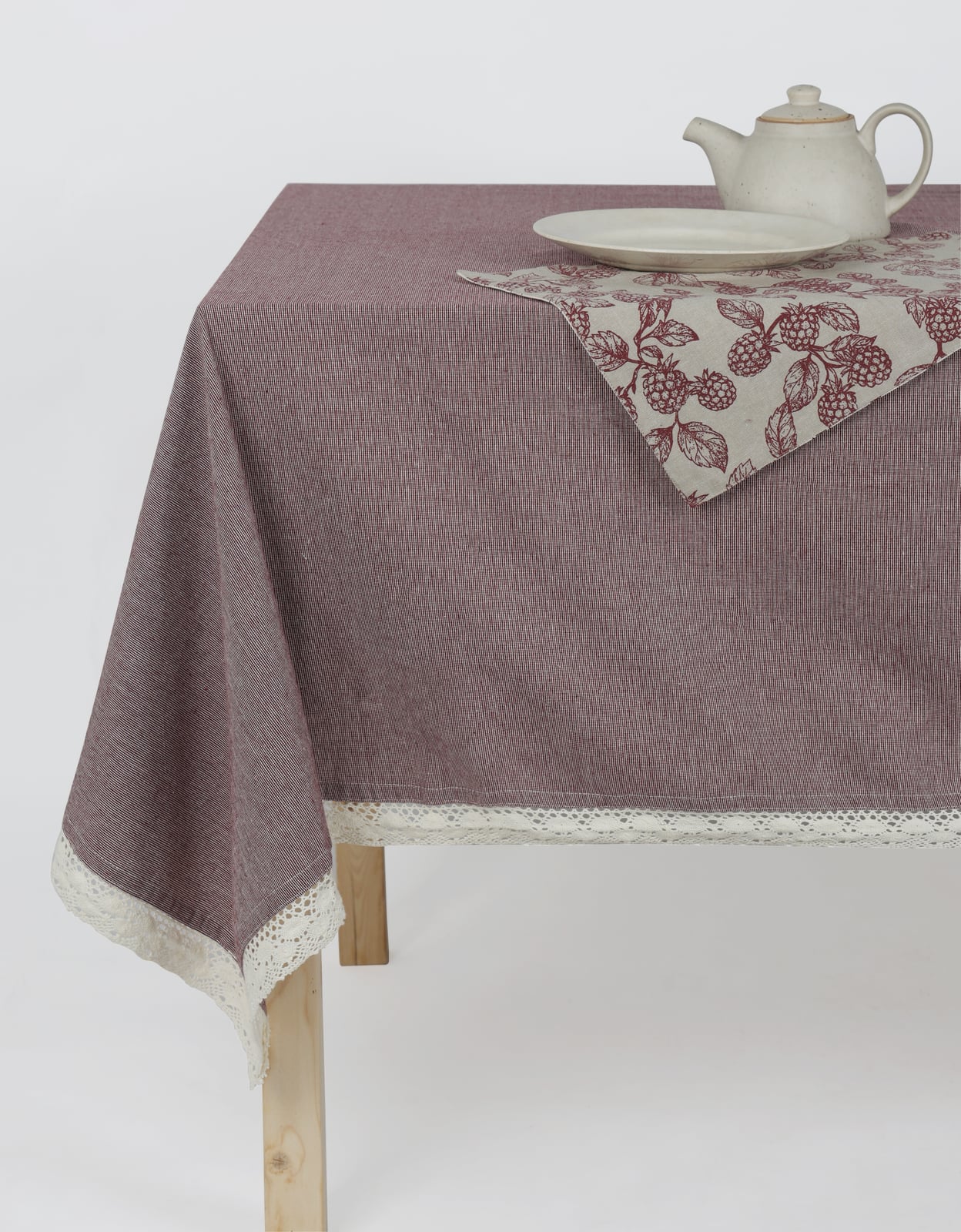 Berry Striped with lace yarn dyed Table cloth & Placemat - Burgundy